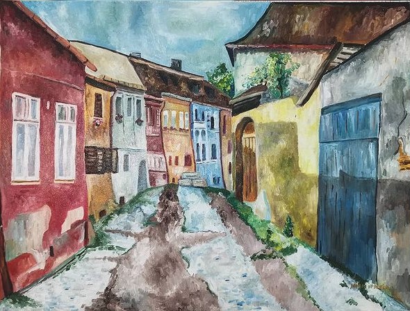 Kaleidoscopic Streets of Sighisoara — Oil on canvas by Adriana Ionela Mihai