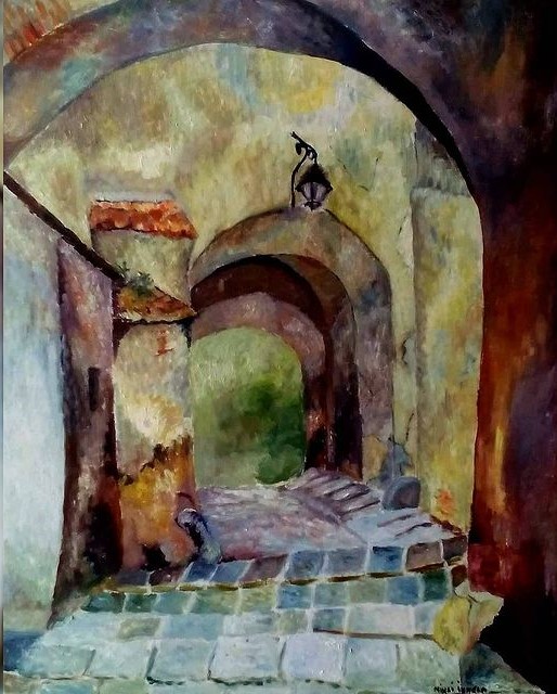 The Arcades of Sighisoara — Gateway to a Medieval Past — Oil on canvas by Adriana Ionela Mihai
